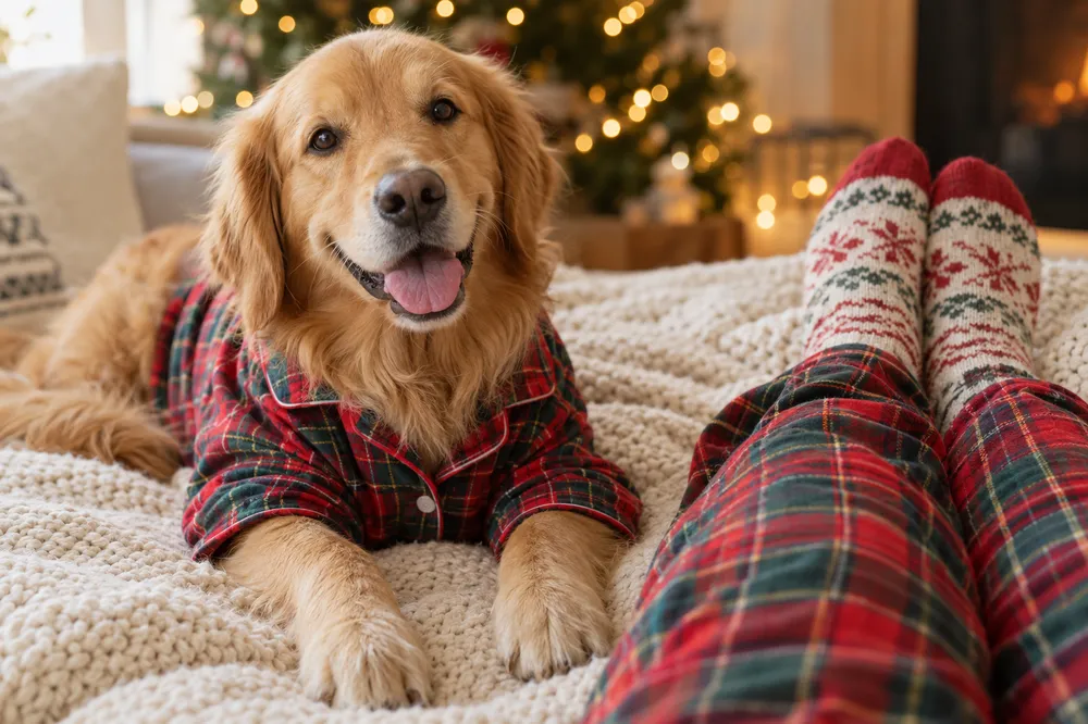 Golden retriever com pijama de xadrez de Natal numa manta